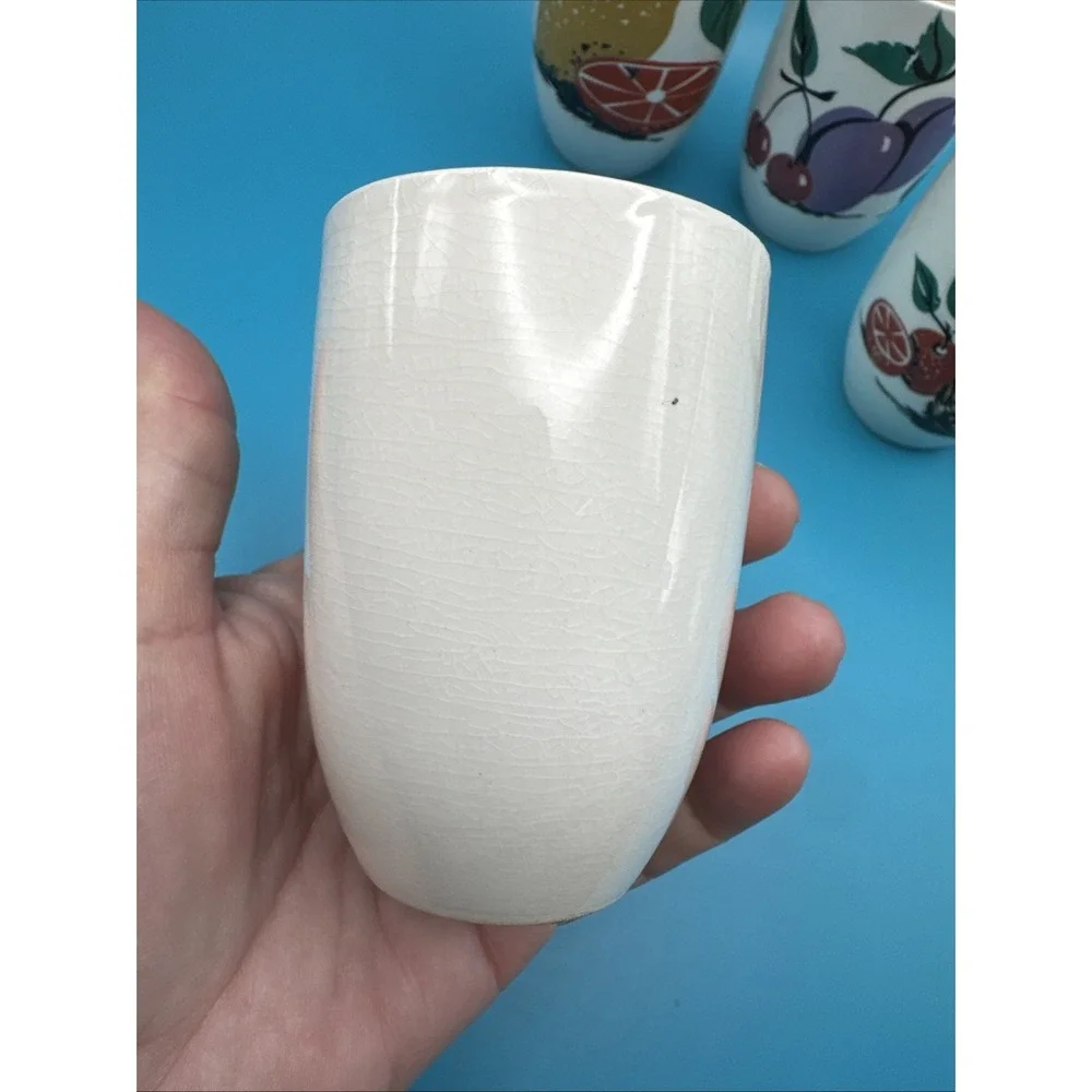 Vintage 60s Cups Juice‎ Drinking Glasses Retro Fruit Pattern White Set 4 Tumbler